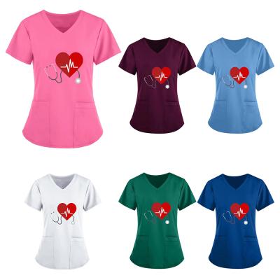 China Nurse Summer Custom Made Breathable Logo Print Scrub Tops Stretch T-Shirts for sale