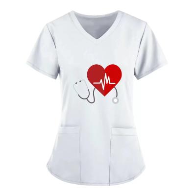 China V-Neck Logo Print Scrub Tops With Breathable Spandex For Women Nursing for sale