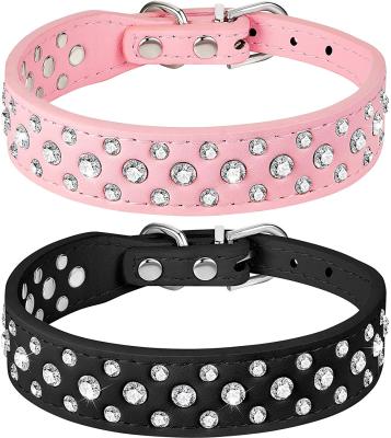 China PU Leather Dog Collars Pet Appearance Crystal Diamonds Studded Pet Collar Rhinestone Dog Collars For Small Medium for sale