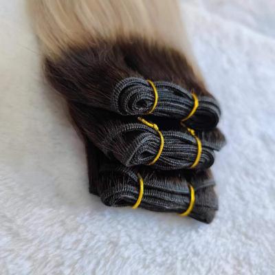 China Best Quality Balayage Wave Human Weft Hair Russian Remy Ponytail Blonde Double Drawn Hair Weft European Silky Straight Double Weft for sale