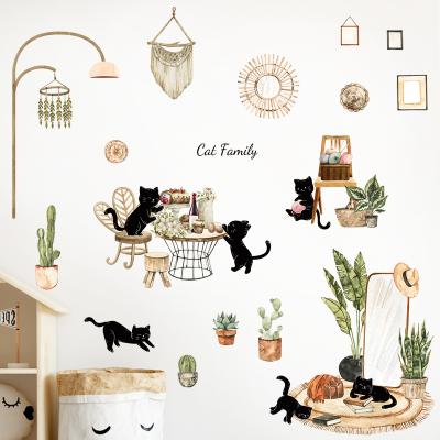 China WALL STICKER Self Adhesive Cartoon Cat With Green Potted Nordic Style 3d Home Decor Wall Sticker for sale