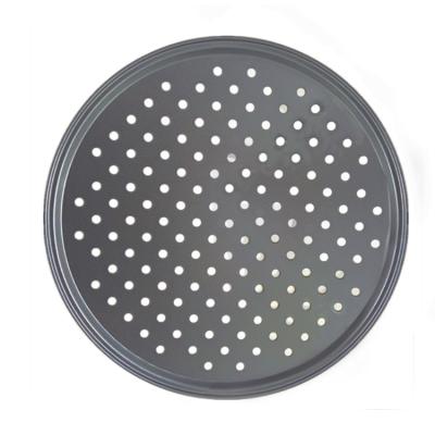 China Sustainable Carbon Steel Perforated Pizza Pans With Holes Black Pizza Pan Baking Tray for sale