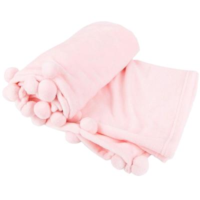 China Custom Cozy 100% Polyester Anti-pilling Pom Pom Baby Blanket Throw Super Soft Coral Fleece Flannel Fleece for sale