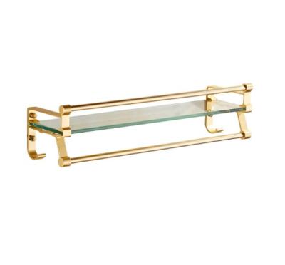 China Gold Brass Single Layer Bathroom Glass Shelf with Towel Bar Shower Rectangular Rack Wall Mounted Cosmetic Holder for sale