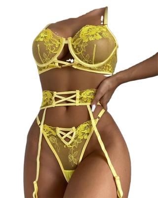 China Women's sexy mature sexy lingerie women's sheer embroidery push up bra G-string transparent yellow underwear for sale