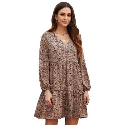 China 2022 new European and American leopard print long sleeve anti-static knee-length skirts throw loose dress for sale