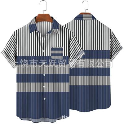 China New Summer Men's Spring/Sleeve Large Size Short Shirt Hawaiian Horizontal 3D Pocket Stripe Print Anti-pilling Plus Size Mens Shirts for sale