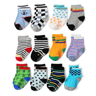 China New Design QUICK DRY Cotton Warm Anti Slip Winter Socks Cartoon Striped 12 Pairs A Kid's Set Socks for sale