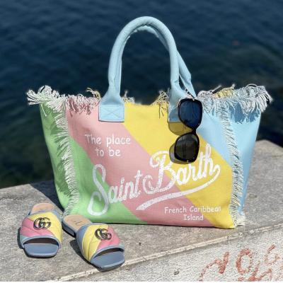 China Custom Made Fashionable Striped Printed Luxury Stylish Promotional Colorful Women Handled Logo Summer Beach Bag Fringe Sublimation Tassle Bag for sale