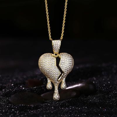 China Punk Fun Jewelry Hiphop Fashion New Custom 18k Gold Plated Size Quality CZ Iced Out Broken Heart Drip Pendant Necklace for sale