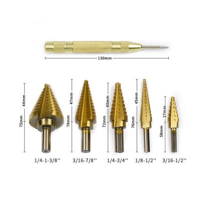 China Hot Selling 5PCS HSS Metal Steel Step Drill Bit Set With Auto Center Hole Punch for sale