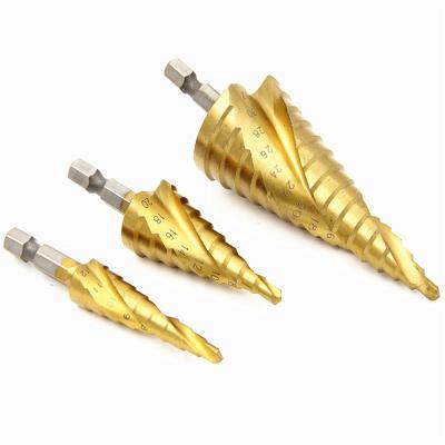 China Make Hole 3 PCS Step Drill Bit Set 1/4 Inch HSS 4241 Hex Shank Metric Spiral Splined 4-12mm 4-20mm 4-32mm for sale