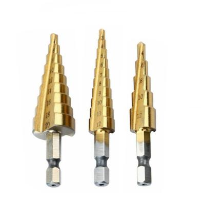 China Make Hole 3 PCS Step Drill Bit Set 1/4 Inch HSS 4241 Hex Shank Straight Spline Metric 3-12mm 4-12mm 4-20mm for sale