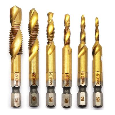 China Titanium Drilling 6 PCS Combination Drill Tap Bit Set 1/4 Inch Spiral Shank HSS M2 Screw Tapping Tool Kit Kit for sale