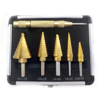 China HSS 5PCS Titanium Step Drill Bits Drilling Holes Set With Auto Center Punch With Aluminum Case for sale