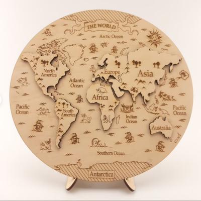 China Cartoon Toy House Decoration Homeschooling Preschool Laser Cut Wooden 3d Puzzle World Map Toys Educational Montessori For Kids for sale