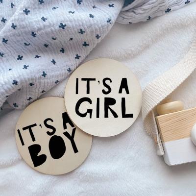 China Europe It's A Boy It's A Girl Baby Shower Gift Announcement Milestone Disc Marker Wooden Nursery Decor for sale