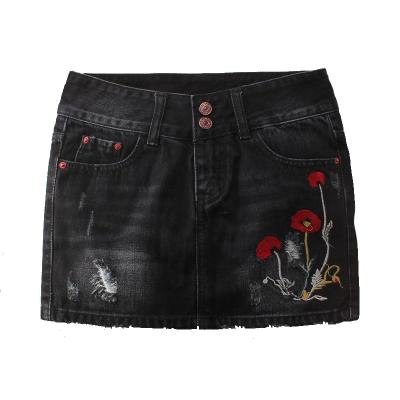 China Viable Women Black Classic Floral Embroidered Jeans A Line Skirt for sale