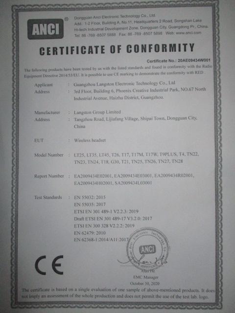 CE - Guangzhou Langston Electronic Technology Co., Ltd.