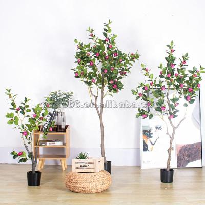 China Environmental Decorative Plastic Artificial Flower Tree Potted Camellia Plants For Indoor for sale