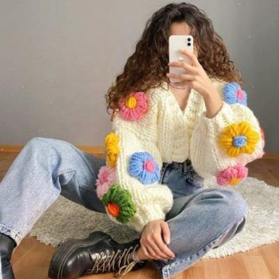 China Custom Made Chunky Crochet Flower Plus Size Anti-Wrinkle Knitted Cardigan For Women for sale