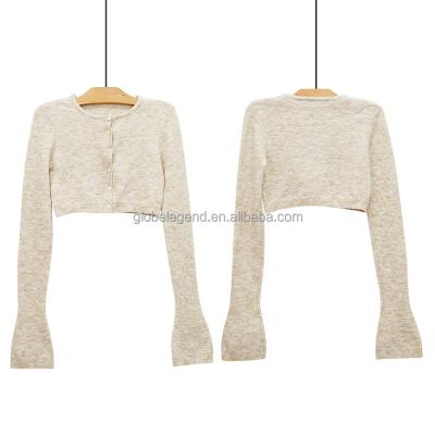 China Anti-wrinkle winter solid round neck knit crop top long sleeve ladies knitwear cardigan sweater for women for sale