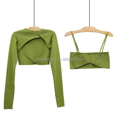 China Anti-Wrinkle New Chic 2 in 1 Cut Front Sweater Vest Top Knitted Cropped Sexy Jumper 2 Piece Set For Women for sale