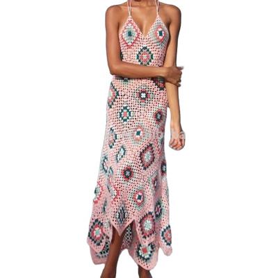 China Anti-wrinkle Women Plaid Halter Summer Beach Dress Sexy Handmade Crochet Dresses Women for sale