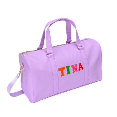 China Durable Sun Clover Customized Bridesmaid Gift Nylon Duffel Bag With Varsity Letter Patches Durable Weekender Bag Wholesale for sale