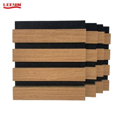 China Minimalist Veneer Melamine MDF Wood With Polyester Fiber Bottom Akupanel Wood Slat Wall Panel for sale