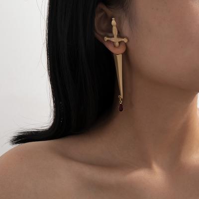 China New Design Hip Hop Red Drop Cool Long Sword Handle 18K Casual/Sporty Chic Gold Drop Cross Studded Earrings for sale