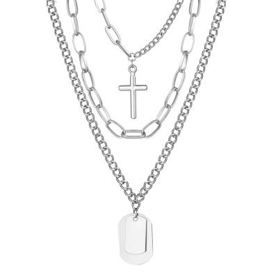 China BOHEMIA Fashion Mens Womens Hip Hop Punk Necklaces Stainless Steel Multilayer Pendant Silver Cross Necklace for sale