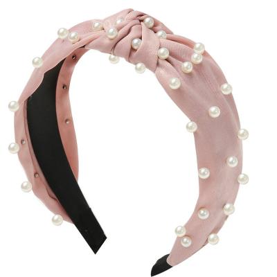 China Candy Color Velvet Sponge Headband Thick Pearl Knotted Soft Cheap Customized Hair Bands for sale