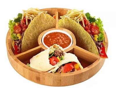 China Durable Round Bamboo Storage Box 5 Grids with Ceramic Bowl for Salsa, Nacho, Guacamole, Taco Potato Chips, Snacks and More for sale