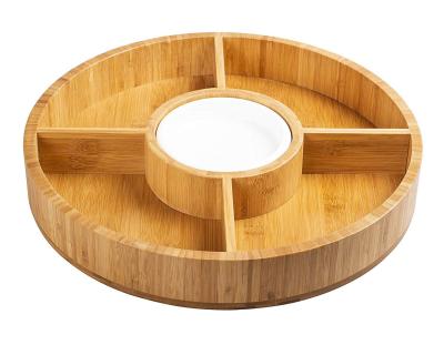 China Large Durable Wholesale Bamboo Appetizer Tray Set With Dip Cup For Nuts Snacks Fruit for sale