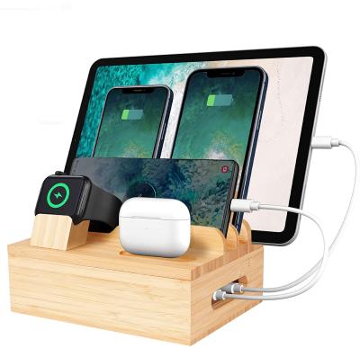 China Sustainable Bamboo Charging Station for Multi Device, Compatible Cell Phone, Tablet, Apple Watch, Airpods for sale