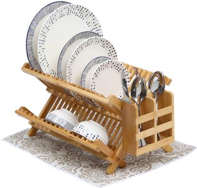 China Sustainable Folding Bamboo Dish Drying Rack, Collapsible 2-Tier Folding Kitchen Dish Rack With Utensils Flatware Rack for sale