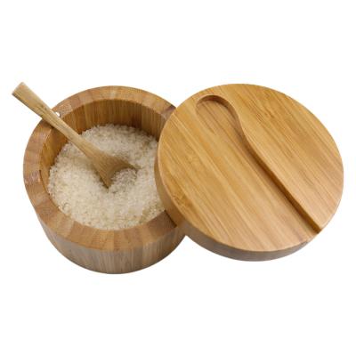 China Sustainable Bamboo Salt And Pepper Storage Bowl With Magnetic Swivel Lid And Mini Spoons For Kitchen Tool for sale