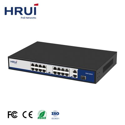 China Hot Sale VLAN/Extend 250-Meter HRUI 16 Ports Gigabit PoE Switch with 2 Ethernet Uplink Ports 1 SFP Slot for CCTV IP Camera for sale