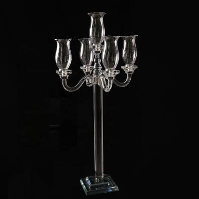 China Wedding Crystal Gift MH-ZT0130 5am Candlestick Crystal Candelabra With Small Hurricane Glass Candle Holder for sale