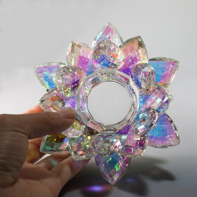 China Gift MH-ZT0142 2cm 4cm Hole Rainbow Crystal Tealight Wedding Home Decoration Candle Holder Crystal Lotus Flower for sale