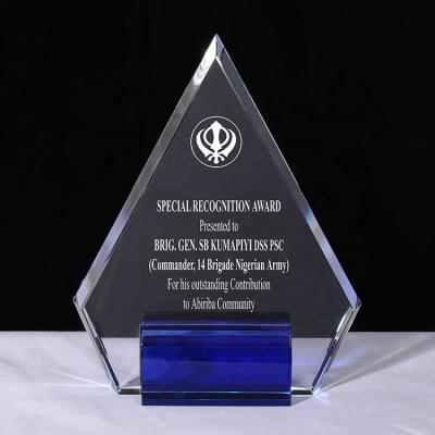 China Custom Engraving Crystal Trophy MH-JB0115 Blue White Base Crystal Nonprofit Organizations Plaques Triangle Award Trophy for sale