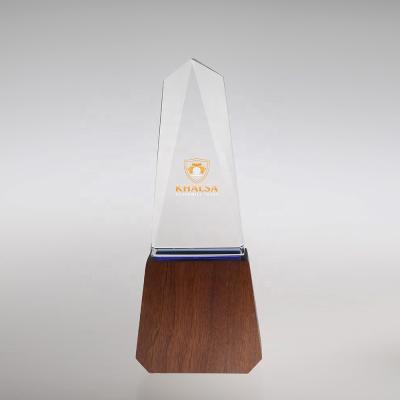 China China MH-JB216 White Crystal Glass Trophy Award Custom Engraving Crystal Plaque With Wooden Base for sale