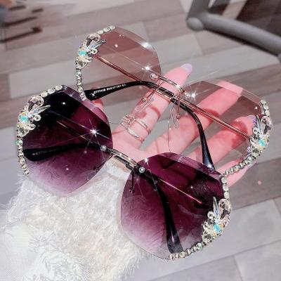 China Vintage Sun Glass Gradiend Shades Rimless Pink Rhinestone Sunglasses Women Men Shape Gradient Glass Sun Glass Shades For Female for sale