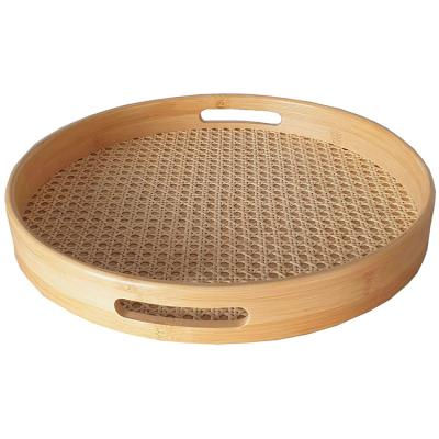 China Round Rattan Bamboo Serving Tray Tea Coffee Food Tray Lunch Tray With Handles 14.96 x 14.96 x 1.96 inch for sale