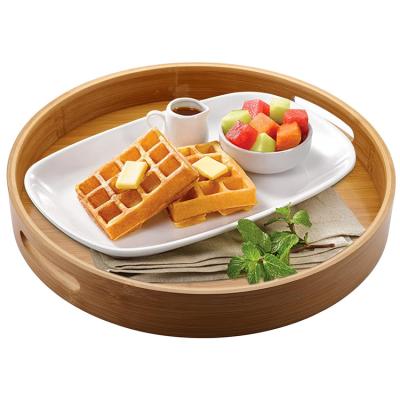 China Bamboo Round Serving Tray Tea Coffee Food Tray Lunch Tray With Handles 13.8 x 13.8 x 2 inch for sale