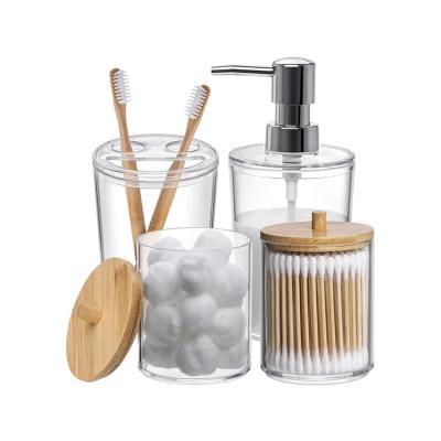 China Sustainable Best Seller 4 Piece Bamboo Bathroom Accessories Set With Lids Bamboo Toothbrush Holder for sale