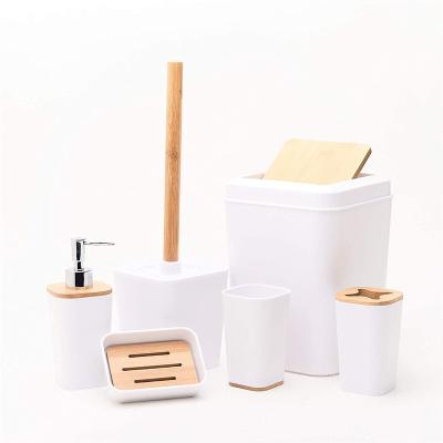 China Sustainable 6 Piece White Bamboo Bathroom Accessories Set With Toothbrush Holder Rinse Cup Soap Dish for sale