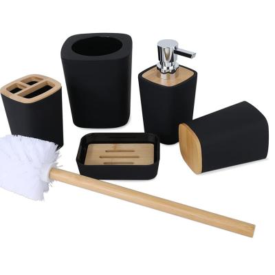 China Sustainable 5 Piece Black Bamboo Bathroom Accessories Set With Toothbrush Holder Soap Dispenser Set for sale