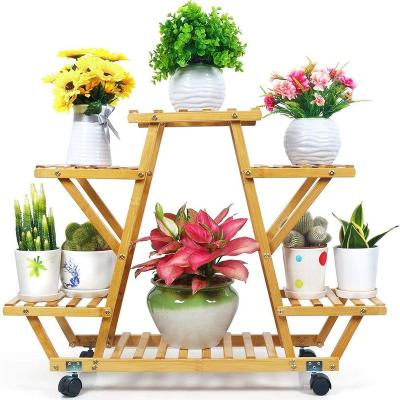 China Longevity Bamboo Plant Stand With Wheels Plant Flower Pots Rack Multi-Layer Rolling Plant Stand for sale